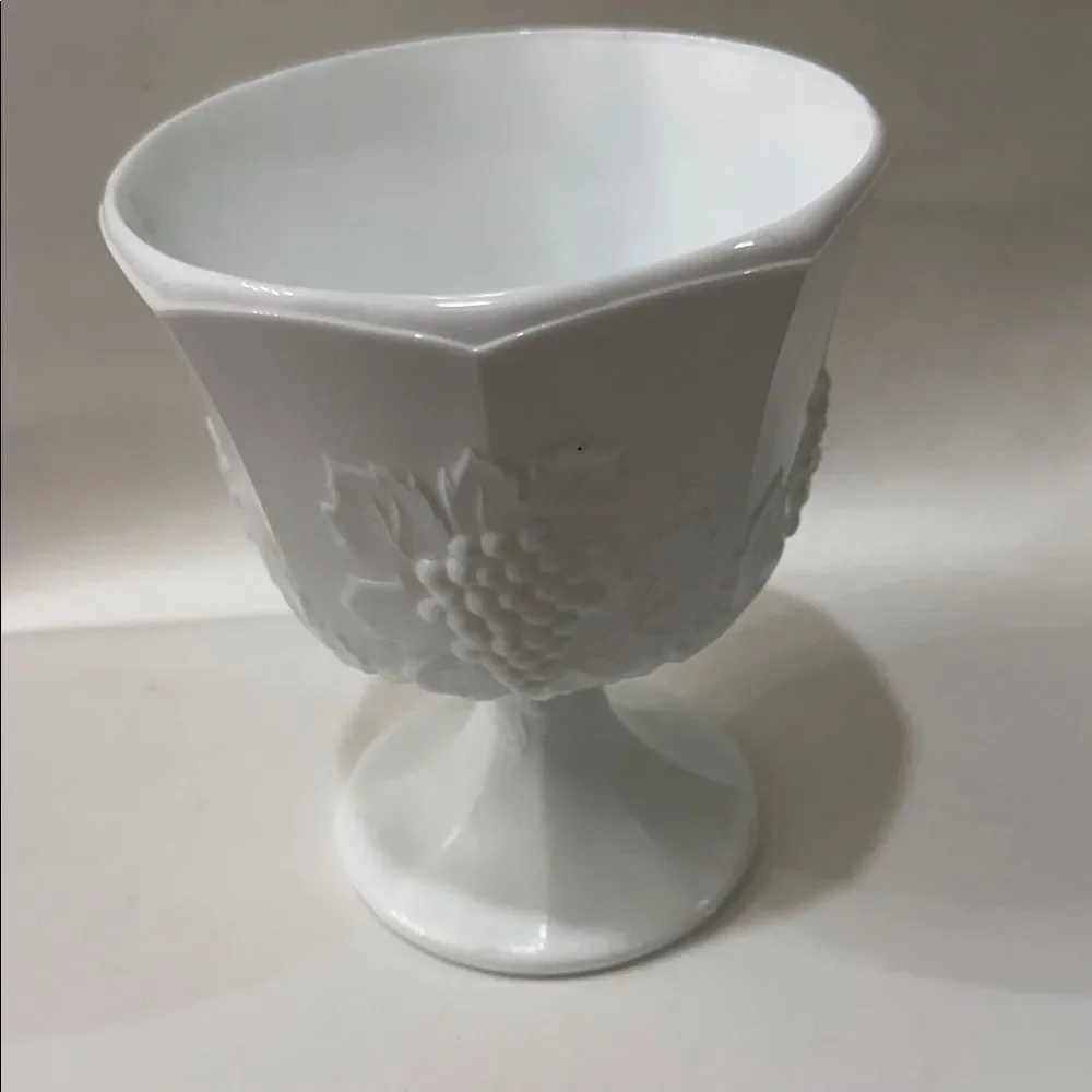 Indiana Glass White Milk Pedestal 6 2/2 In Tall Vase 3 In Round Grape Floral